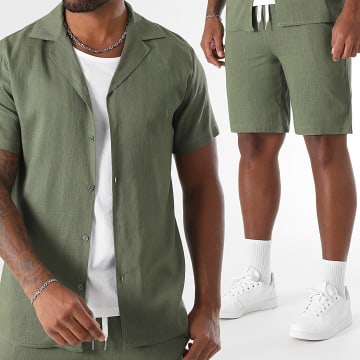 LBO - Camicia a maniche corte e pantaloncini in lino 1857 Verde Khaki