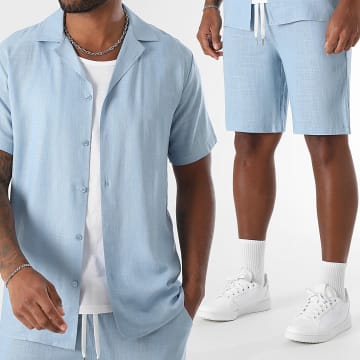 LBO - 1860 Conjunto de camisa de manga corta y pantalón corto de lino azul claro