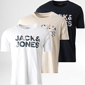 Jack And Jones - Juego De 3 Camisetas Con Logo Bryan Corp Blanco Azul Marino Beige