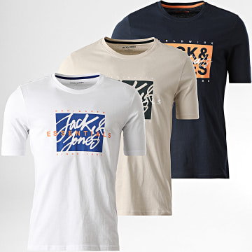 Jack And Jones - Lote de 3 camisetas Colton White Navy Beige