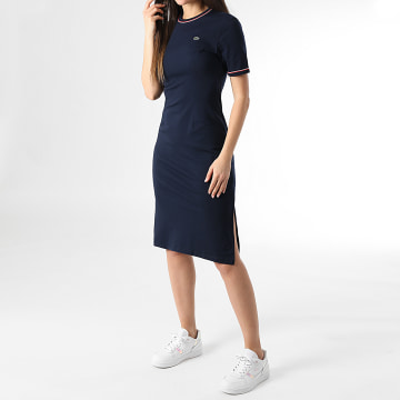 Lacoste - Robe Longue Femme Logo Brodé Crocodile Bleu Marine