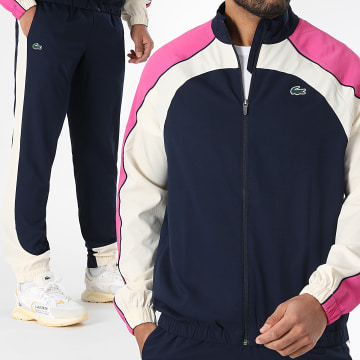 Lacoste - Ensemble De Survetement A Bandes Logo Crocodile Bleu Marine Beige Rose