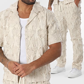 Frilivin - Conjunto de camisa de manga corta y pantalón beige
