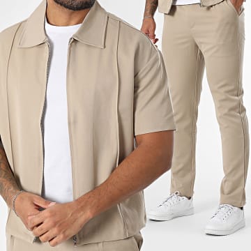 Frilivin - Conjunto de camisa de manga corta y pantalón beige