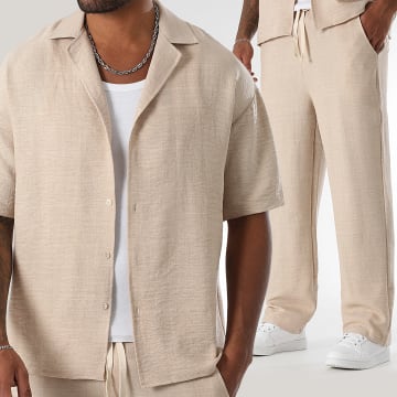 LBO - Conjunto de camisa de manga corta y pantalón ancho efecto lino 1872 Beige