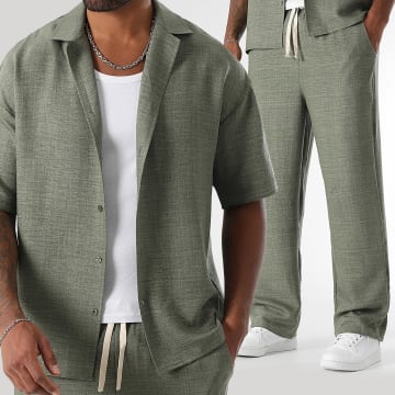 LBO - Conjunto de camisa de manga corta y pantalón ancho efecto lino 1873 verde caqui