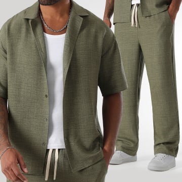 LBO - Ensemble Chemise Manches Courtes Et Pantalon Large Effet Lin 1873 Vert Kaki