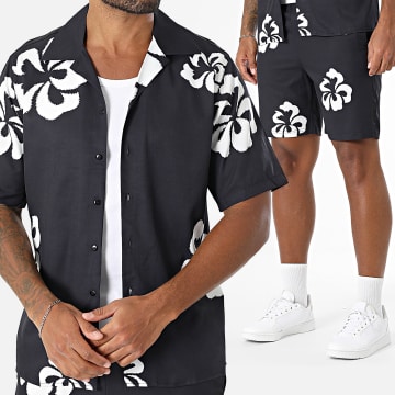 Classic Series - Ensemble Chemise Manches Courtes Et Short Jogging Noir Blanc Floral