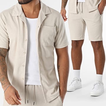 Zayne Paris  - Ensemble Chemise Manches Courtes Et Short Jogging Beige
