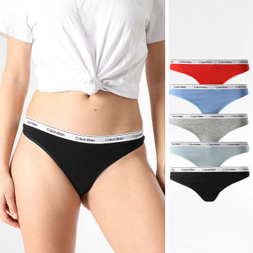 Calvin Klein - Lot De 5 Strings Femme QD5221E Noir Rouge Gris Chiné Bleu Clair Bleu Ciel