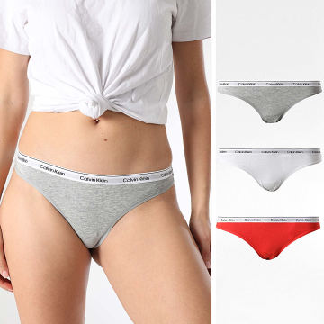 Calvin Klein - Lot De 3 Strings Femme QD5209E Blanc Rouge Gris Chiné