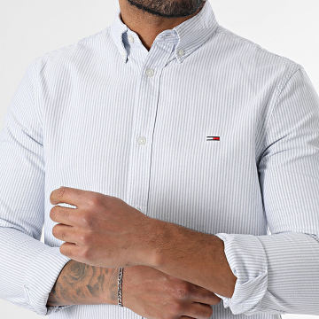 Tommy Jeans - Slim Stripe Oxford 0668 Blanco Azul Claro Camisa Manga Larga