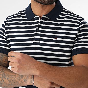 Tommy Jeans - Polo Manches Courtes Slim Placket 0676 Blanc Bleu Marine