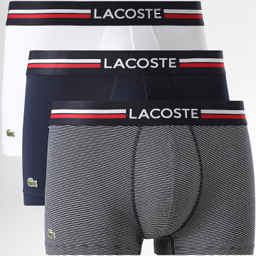Lacoste - Lot De 3 Boxers A Rayures Logo Brodé Crocodile Blanc Bleu Marine