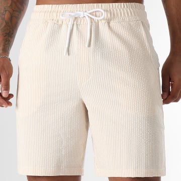 LBO - Short De Bain Seersucker A Rayures 0396 Beige Blanc
