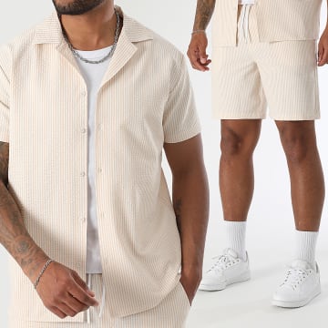 LBO - Ensemble Chemise Manches Courtes Et Short De Bain Seersucker A Rayures 0400 Beige