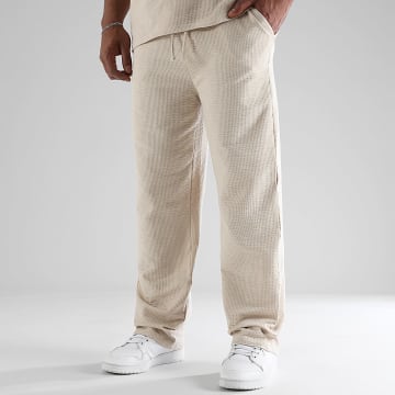 LBO - 3767 Beige Getextureerde Broek met Wijde Pijpen