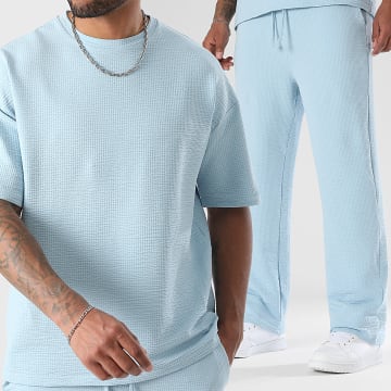 LBO - Ensemble Tee Shirt Pantalon Large Texturé 3772 Bleu Clair