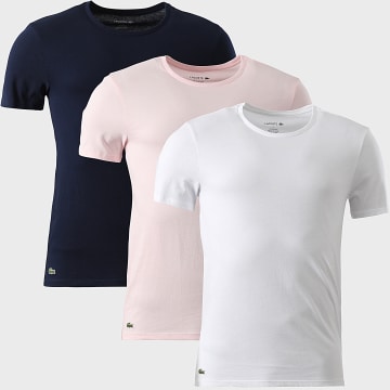 Lacoste - Lot De 3 Tee Shirts Logo Brodé Crocodile Blanc Rose Bleu Marine
