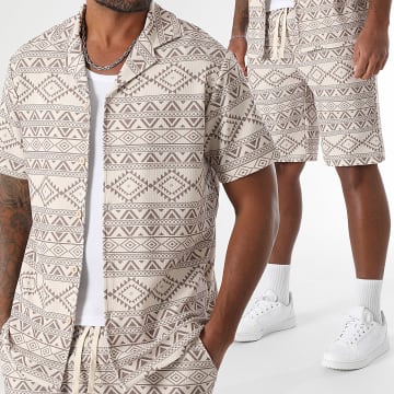 LBO - Ensemble Chemise Manches Courtes Et Short Imprimé Ethnique 1881 Beige Marron