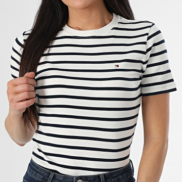 Tommy Hilfiger - Tee Shirt A Rayures Femme Cody 0587 Blanc Bleu Marine