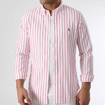 Polo Ralph Lauren - Chemise Manches Longues Slim Fit A Rayures Original Player Blanc Rose