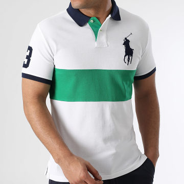 Polo Ralph Lauren - Polo Manches Courtes Custom Slim Fit Original Player Blanc Vert Bleu Marine