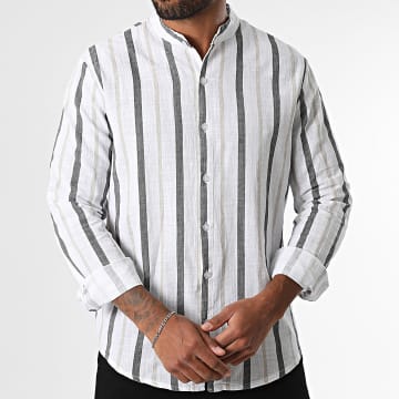 Frilivin - Blanco Beige Marrón Camisa de rayas de manga larga