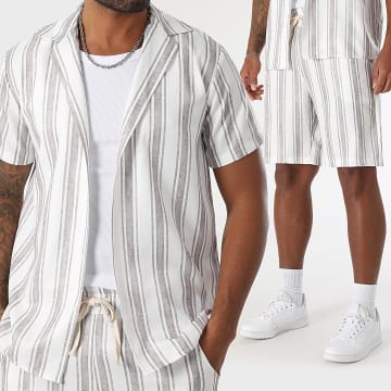 LBO - Conjunto de camisa de manga corta y pantalón corto a rayas 1904 Beige Blanco