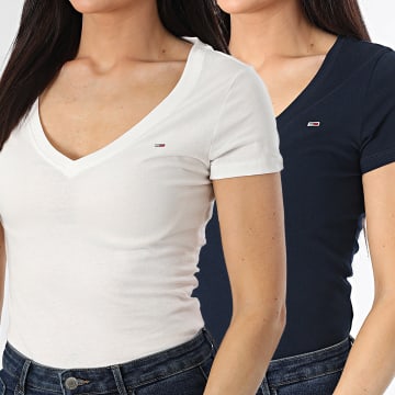 Tommy Jeans - 2er-Pack Schlanker V-Ausschnitt T-Shirts Damen 1367 Weiß Marineblau