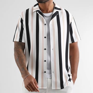 LBO - 1921 Wit Beige Zwart Bedrukt Streep Shirt Korte Mouw