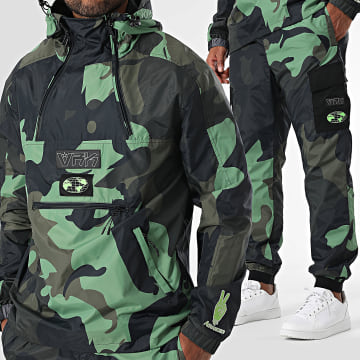 Vrunk - Giacca a vento mimetica con cappuccio e pantaloni da jogging nero verde