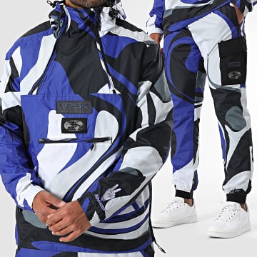 Vrunk - Giacca a vento con cappuccio e pantaloni da jogging mimetici Set blu reale nero grigio