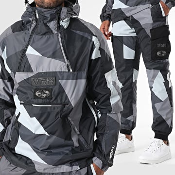 Vrunk - Giacca a vento mimetica con cappuccio e pantaloni da jogging nero grigio