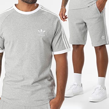 Adidas Originals - Ensemble Tee Shirt Et Short Jogging A Bandes 3 Stripes IA4848 IU2340 Gris Chiné