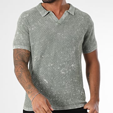 MTX - Polo Manches Courtes En Mailles A Carreaux Col V 547 Vert Kaki Chiné