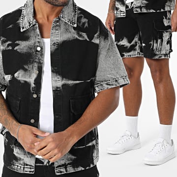 Uniplay - Ensemble Chemise Jean Manches Courtes Et Short Cargo Jean 168 Noir Gris