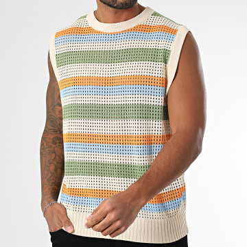 Frilivin - Débardeur En Mailles A Rayures Beige Bleu Clair Orange Vert