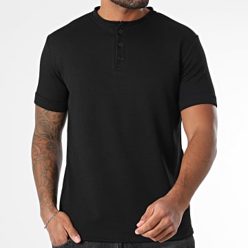 Frilivin - Texturiertes T-Shirt mit Button-Down-Kragen Schwarz