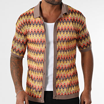 Frilivin - Chemise Manches Courtes Ajourée Marron Orange Jaune Beige