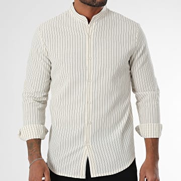 Frilivin - Beige Negro Camisa de rayas de manga larga