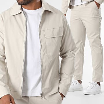 Frilivin - 209 Conjunto de chaqueta y pantalón beige con cremallera