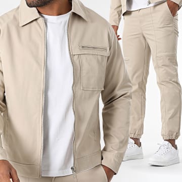 Frilivin - 604 Conjunto de chaqueta con cremallera y pantalón cargo beige