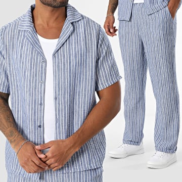 Classic Series - Conjunto de camisa de mangas curtas e calças às riscas Azul real Branco mosqueado