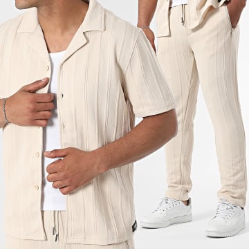 Zelys Paris - Ensemble Chemise Manches Courtes Et Pantalon A Rayures Beige