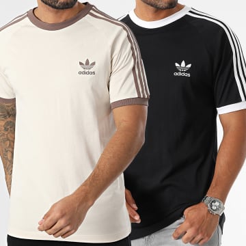 Adidas Originals - Lot De 2 Tee Shirts A Bandes 3 Stripes IA4845 JN7020 Noir Ecru Beige