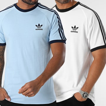 Adidas Originals - Lot De 2 Tee Shirts A Bandes 3 Stripes IA4846 JN7018 Blanc Bleu Clair