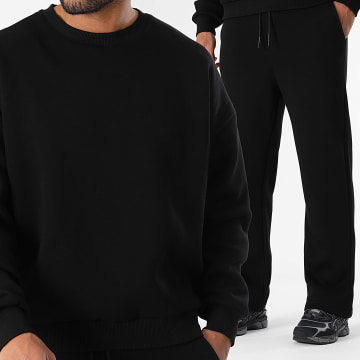 LBO - 3794 Conjunto negro de sudadera de cuello redondo y pantalón de chándal