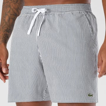 Lacoste - Short De Bain A Rayures Logo Crocodile Brodé Blanc Bleu Marine
