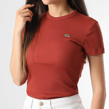 Lacoste - Tee Shirt Femme Rib Logo Brodé Crocodile Slim Rouge Brique
